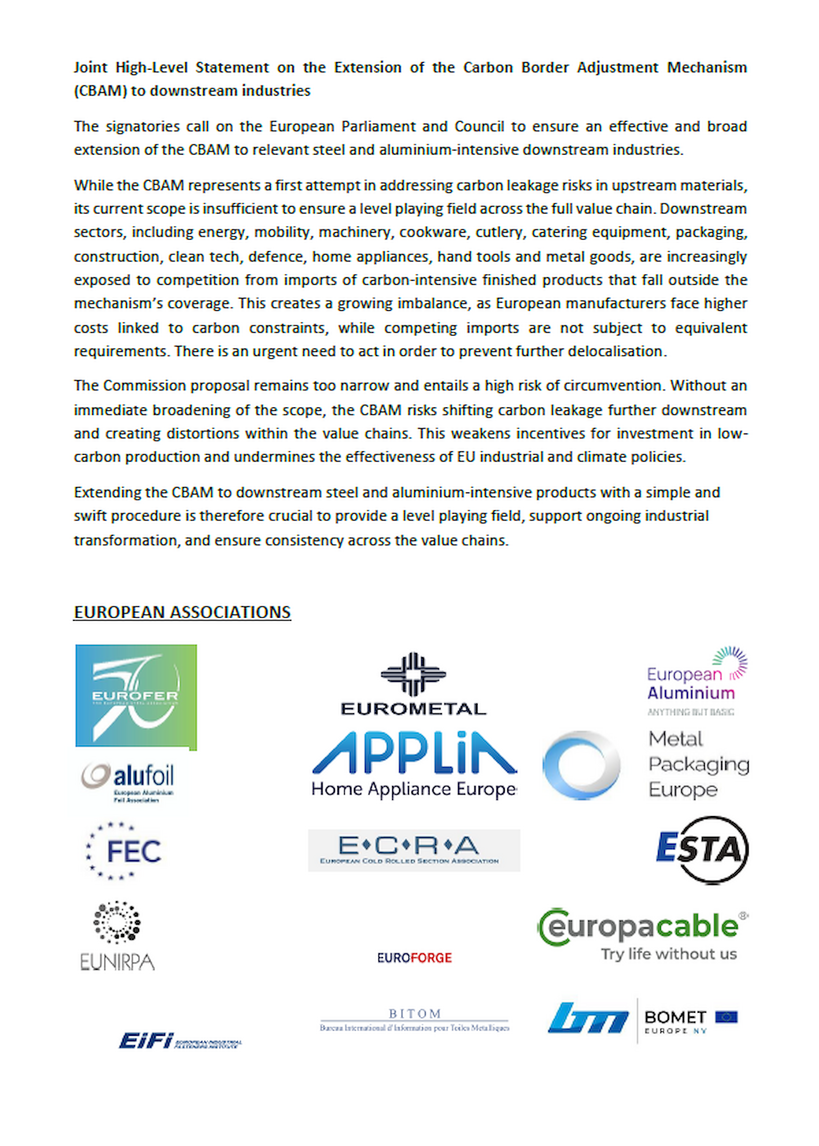 CBAM: “TIME TO ACT!” – 160 ORGANISATIONS CALL FOR EXTENSION TO STEEL AND ALUMINIUM-INTENSIVE DOWNSTREAM PRODUCTS